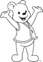 Cubbie with arms up to the right in black and white