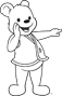 Cubbie telling a secret and pointing to the right in black and white